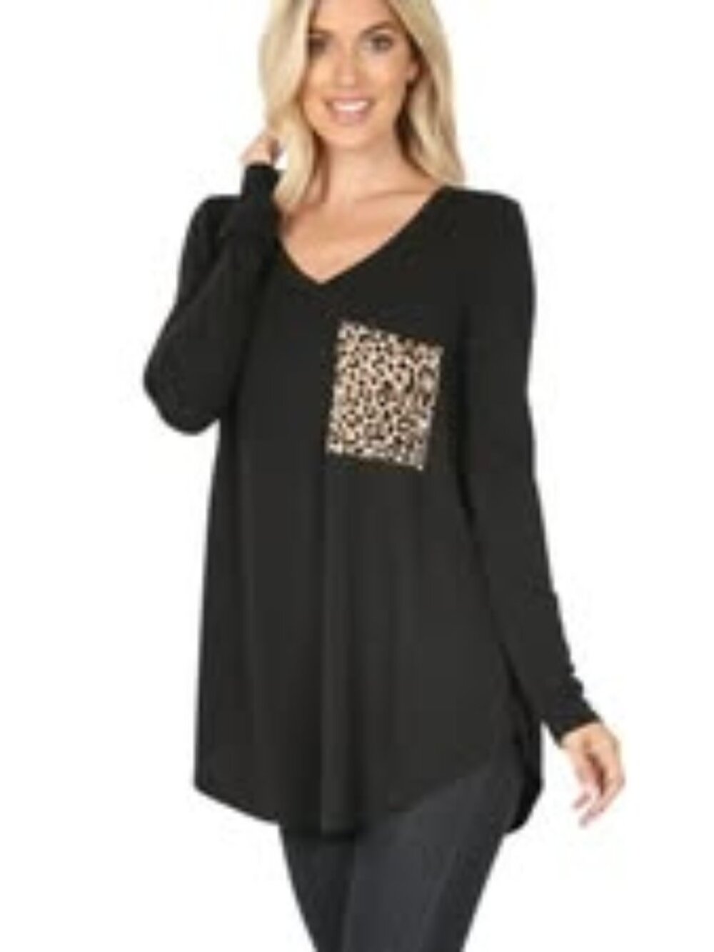 Black Long Sleeve Top with Leopard Pocket